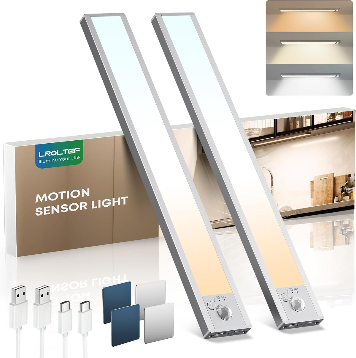 LROLTEF 21cm Under Cabinet Motion Sensor LED Light – Rechargeable Dimmable Wardrobe Light with 3 Colour Temperatures for Kitchens, Cupboards & Bedrooms - Put Light Exactly Where You Need It