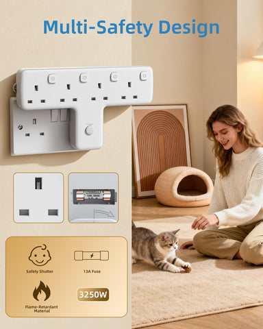 Mscien 4 Way Plug Adapter UK – 180° Rotating Multi Plug Extension with Individual Switches & Surge Protection – Keep Your Everyday Essentials Powered Without the Socket Struggle