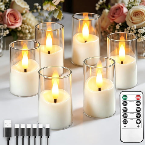 6 Pack Small Rechargeable Acrylic Flameless Candles with Remote Timer 4 x 6.5cm LED Tea Light Flickering Votive Mini Candles Battery Operated for Home Table Halloween Party Wedding Decor