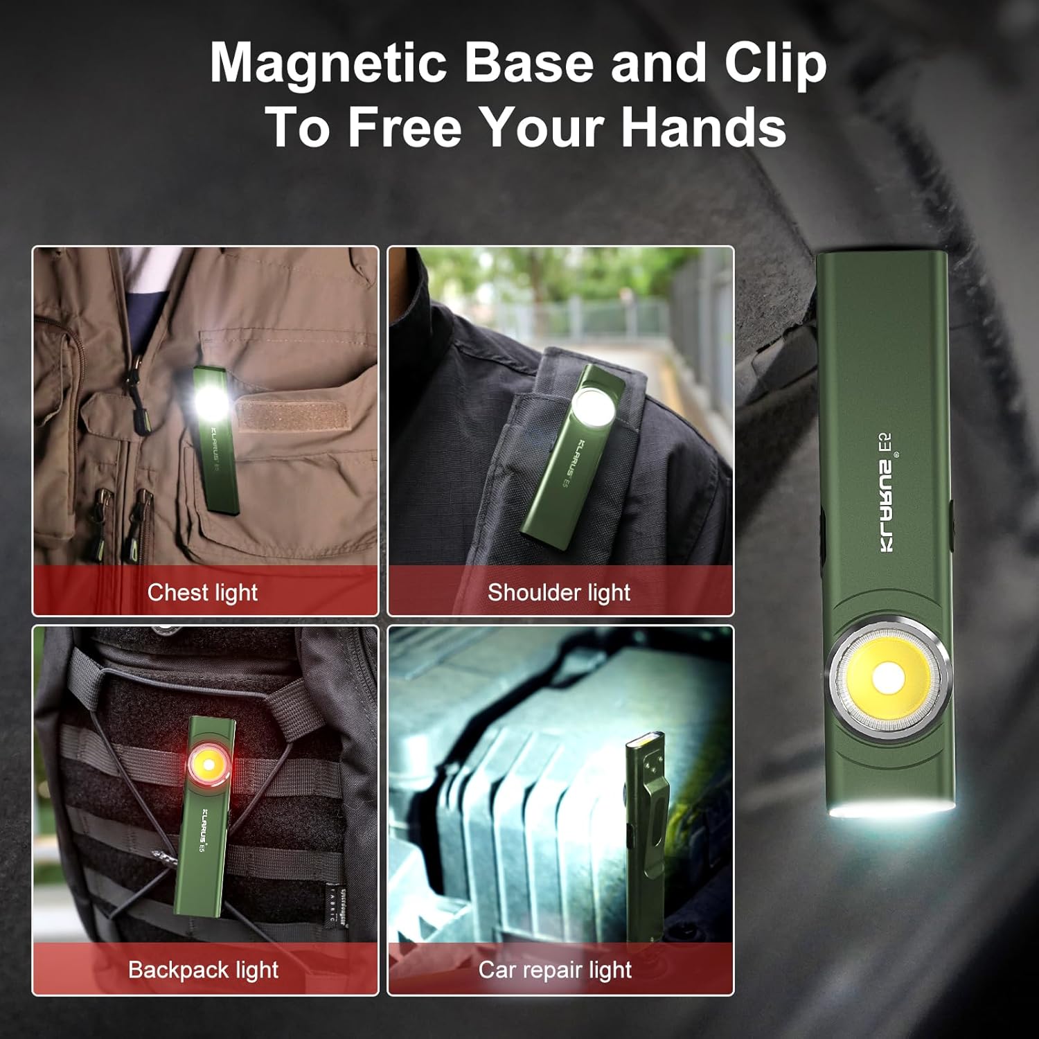 Green flashlight with magnetic base and clip features, used on chest, shoulder, backpack, and car repair.