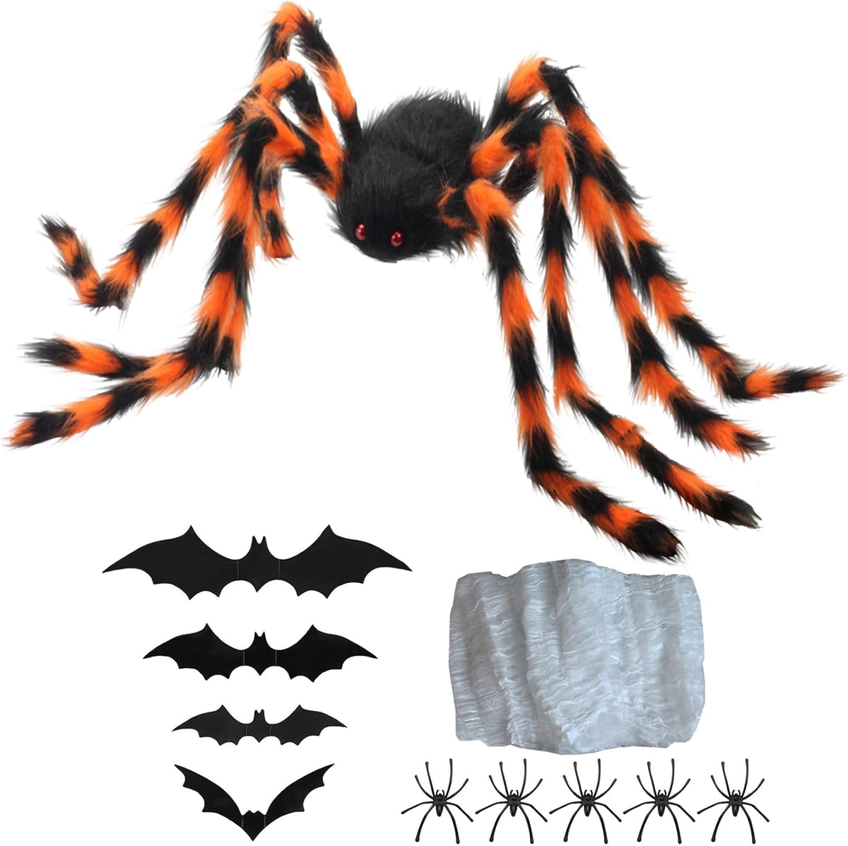 AMLOOPH Giant Spider Halloween Decorations 150cm Orange & Black – Realistic Furry Spider with Cobweb, Mini Spiders & 3D Bats for Indoor & Outdoor Halloween Displays