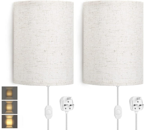 Plug In Dimmable Wall Lights with Switch Beige Fabric Shade