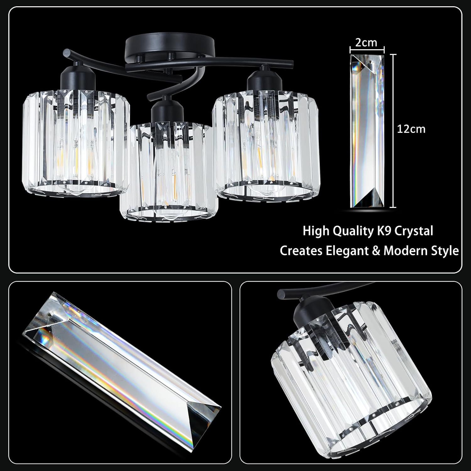 Ceiling light fixture with crystal accents and dimensions on a black background