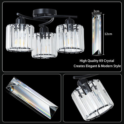 Ceiling light fixture with crystal accents and dimensions on a black background