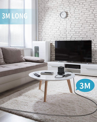 Cube Extension Lead 3M With USB Slots, Baykul 4 Way Extension Cord With 3 USB Ports, Black Long Power Strip With Switch Multi Plug Extension Cable With Overload Protection For Home Travel Office Dorm