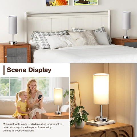 Aooshine Touch Bedside Lamp with 2 USB Charging Ports – Grey Table Lamp with 3 Brightness Levels, E27 LED Bulb & Touch Control for Bedroom, Study & Living Room