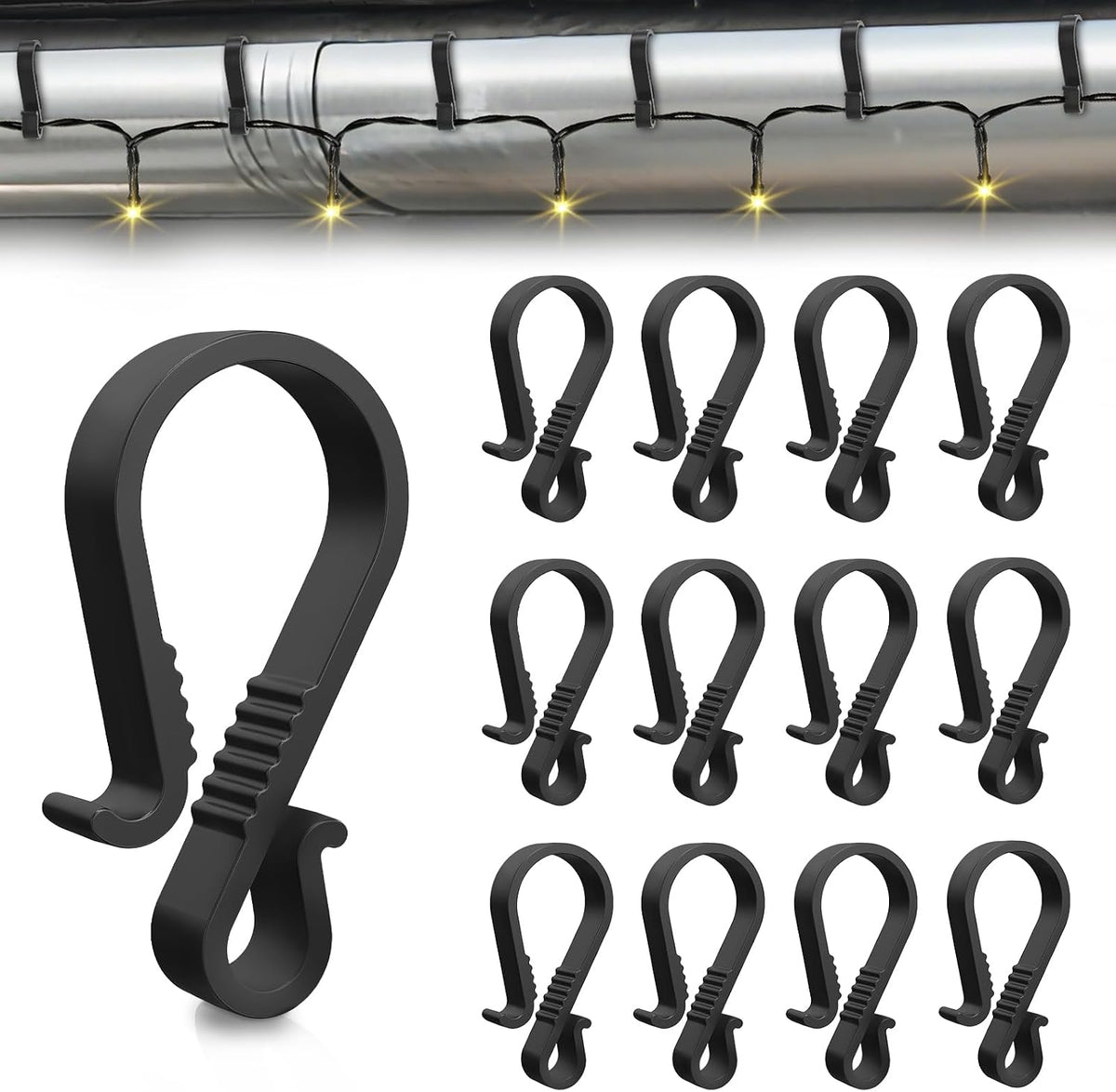 Dalugo 40 Pcs Black Plastic Gutter Hooks for Outdoor Lights – S-Shaped Christmas Light Clips for Gutters, Icicle Lights, LED Decorations & Festive Displays