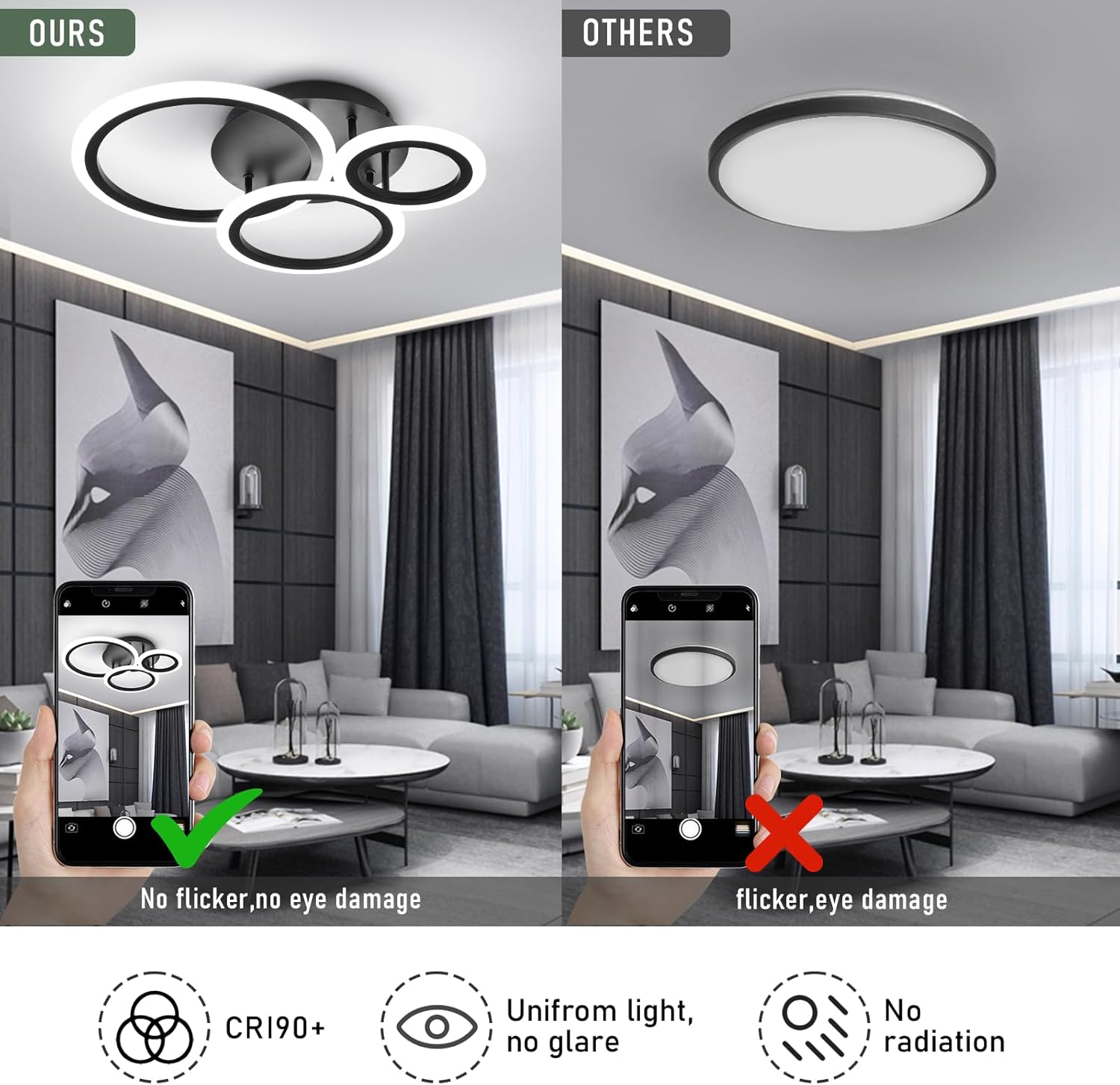 Comparison of LED ceiling lights with smartphone showing light quality indicators.