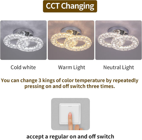 Crystal LED Ceiling Light Fixture, Modern 2-Ring Flush Mount Chandelier