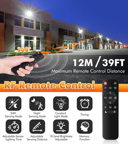 RF remote control with maximum remote control distance and features displayed against a building background.