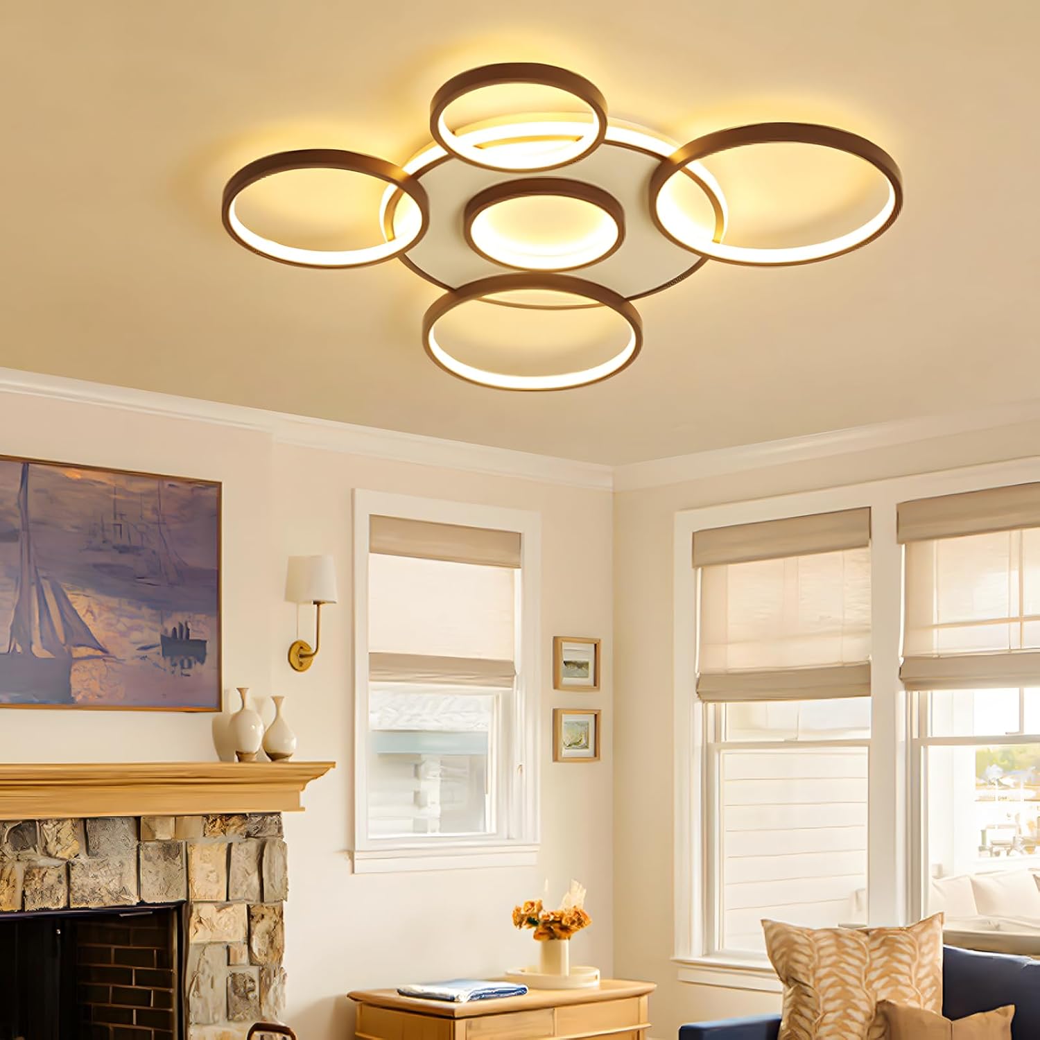 Ceiling light fixture in a living room with windows and decor