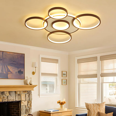 Ceiling light fixture in a living room with windows and decor