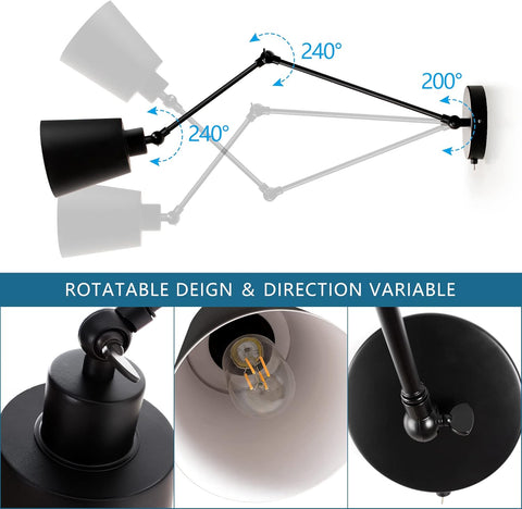 Vintage Wall Sconce Black Swing Arm Wall Light Industrial Wall Light for Restaurants Galleries Living Room Black E27