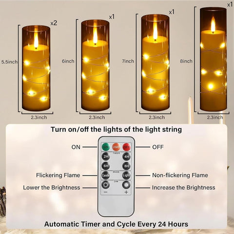 Flickering Flameless LED Candles with String Lights, Battery Operated Electric Candle Set of 5 with Remote Control & 24-Hour Timer for Home & Holiday Décor (Grey)