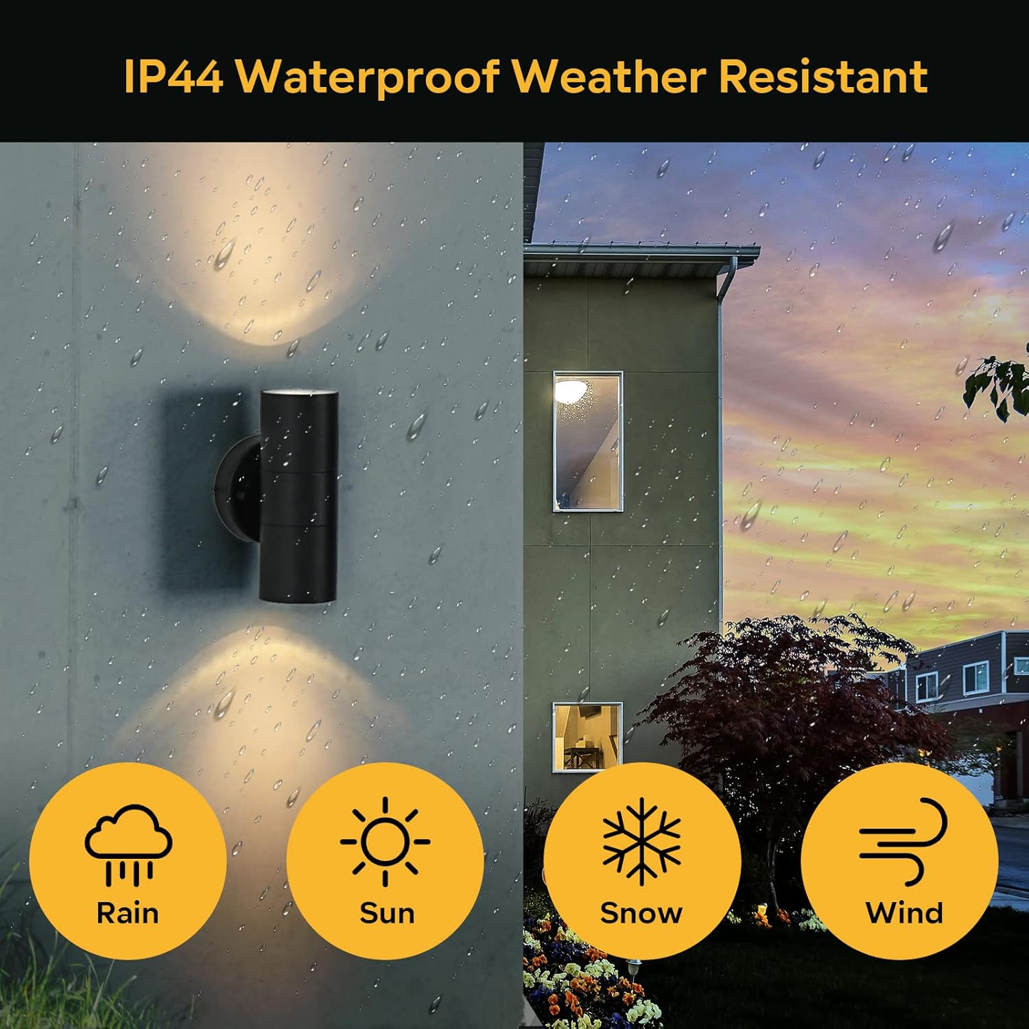 Outdoor wall light fixture with rain, sun, snow, and wind resistance icons on a gray background.