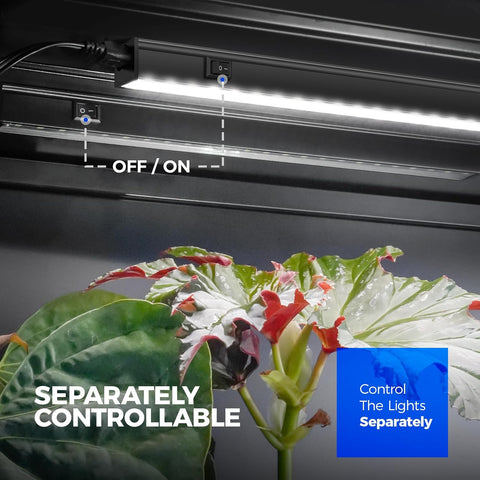 LED grow light with control panel on a dark background, featuring a plant below.