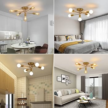 Modern Sputnik Chandelier Ceiling Light, 5 Lights Golden Semi Flush Mount Ceiling Lights, Adjustable Ceiling Light Fitting for Living Room Kitchen Dining Room Farmhouse Hallway