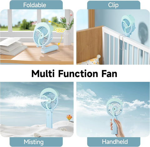 HandFan Handheld Fan Misting Hand Held Fan Rechargeable Battery Operated Portable 3 Speeds & 55ml Spray &180°Foldable With Metal Clip USB Personal Water Fan For Travel Camping Outdoor Women
