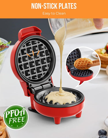 Blazant Mini Waffle Maker – 4 Inch Nonstick Compact Waffle Iron, 550W, Portable Breakfast Chaffle & Snack Maker, Red