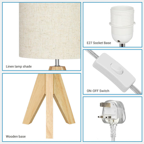 EDISHINE 36cm Wooden Bedside Table Lamp with Beige Linen Lampshade – Tripod Desk Lamp with E27 Base, On-Off Switch & 4W LED Bulb for Bedroom, Living Room, Study & Office