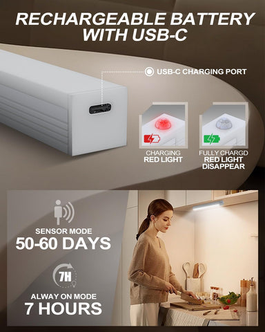 Under Cabinet Kitchen Lights 4 Pack – USB-C Rechargeable Motion Sensor Cupboard Lights with 4 Modes & Stepless Dimming, Cold White - Make Dark Corners Feel Effortlessly Brighter