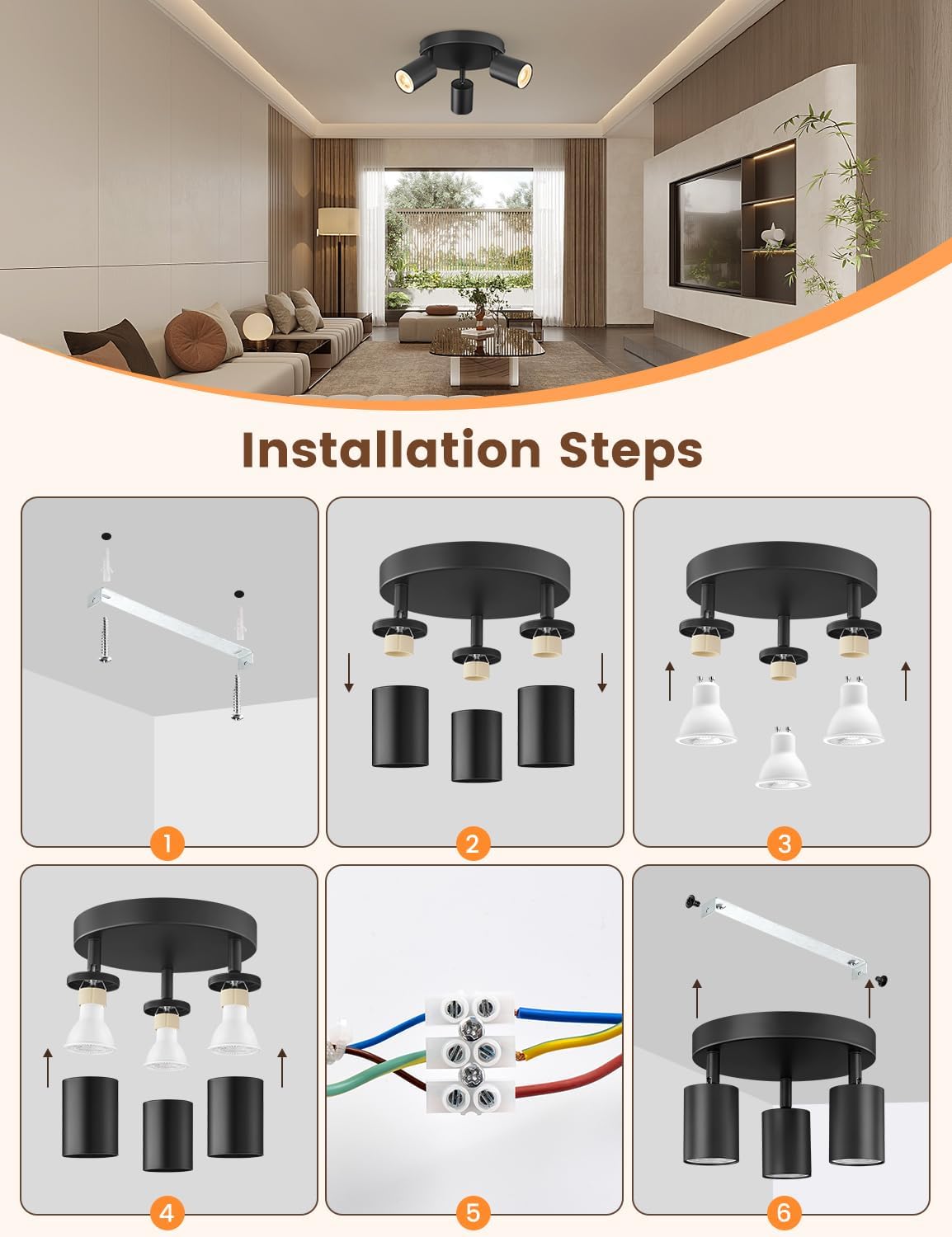 Step-by-step installation guide for a ceiling light fixture in a living room setting.