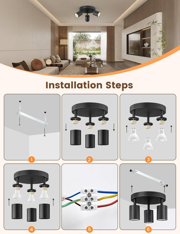 Step-by-step installation guide for a ceiling light fixture in a living room setting.