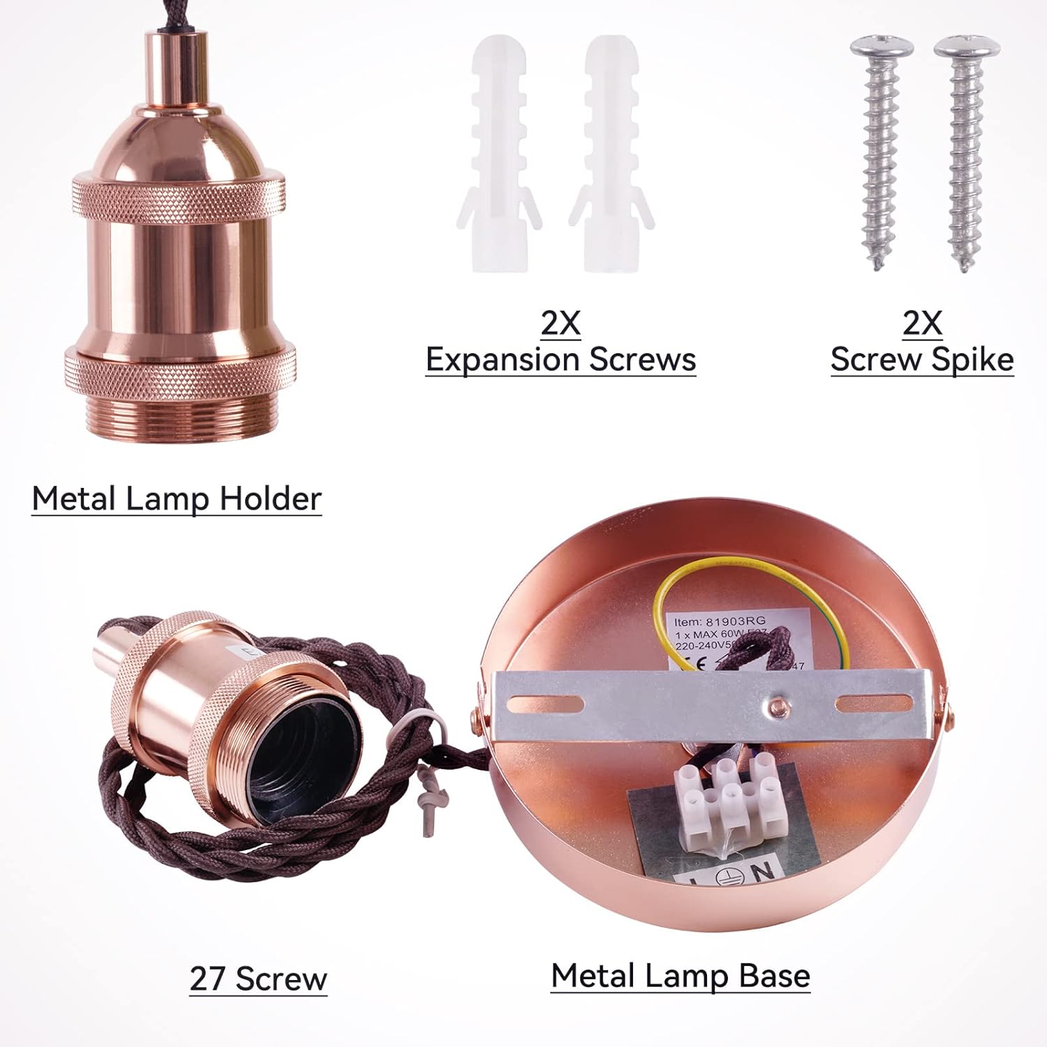 Metal lamp holder with components including a metal lamp base, screws, and spike on a white background.