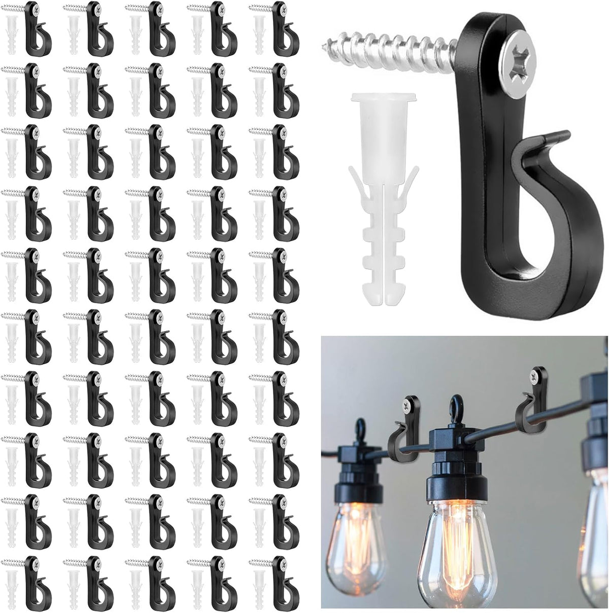 BQMEZRNUS 50 Pack Q-Hanger Screw-In Hooks with Safety Buckles – Black PP and Stainless Steel Hooks for String Lights, Plants, Garden, Garage & Party Decorations