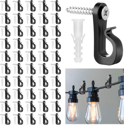 BQMEZRNUS 50 Pack Q-Hanger Screw-In Hooks with Safety Buckles – Black PP and Stainless Steel Hooks for String Lights, Plants, Garden, Garage & Party Decorations