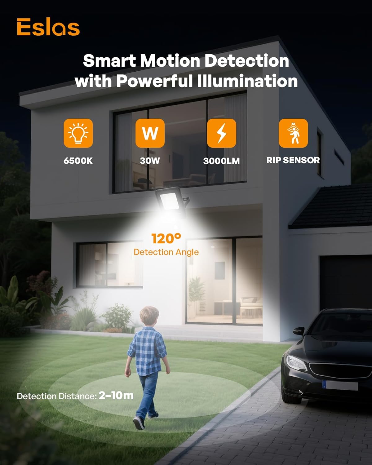 Eslas smart motion detection light with house and person in the background