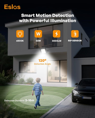 Eslas smart motion detection light with house and person in the background