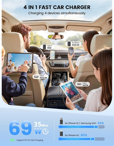 Lamicall 4-in-1 Retractable Car Charger Adapter 69W USB-C & USB-A