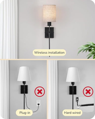 Battery Wall Sconces with Linen Shade 2 Pack