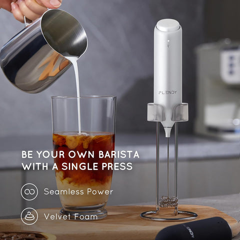 Rechargeable Milk Frother Handheld with USB-C Charging Stand Silver