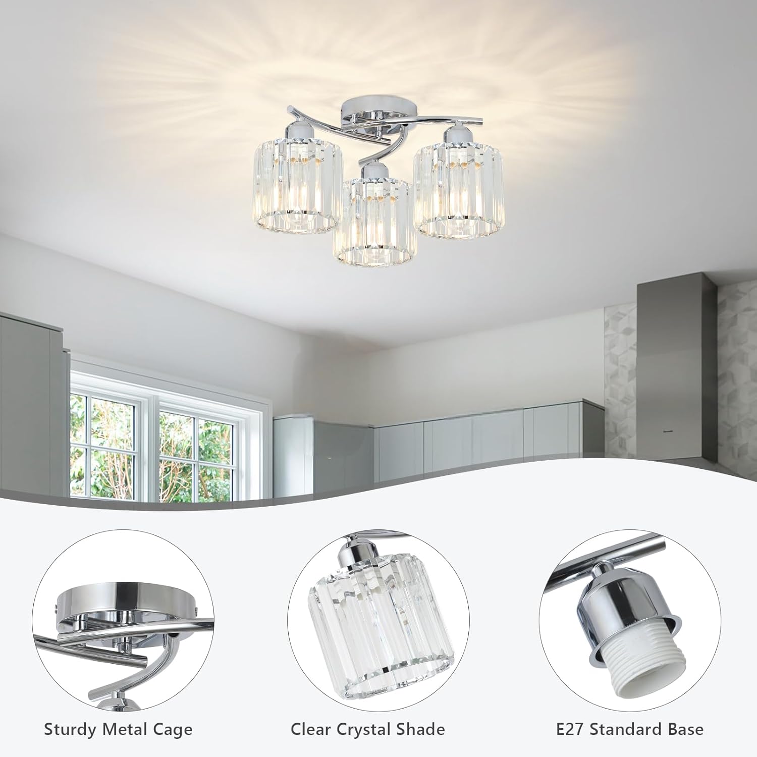 Ceiling light fixture with clear crystal shades in a bathroom setting