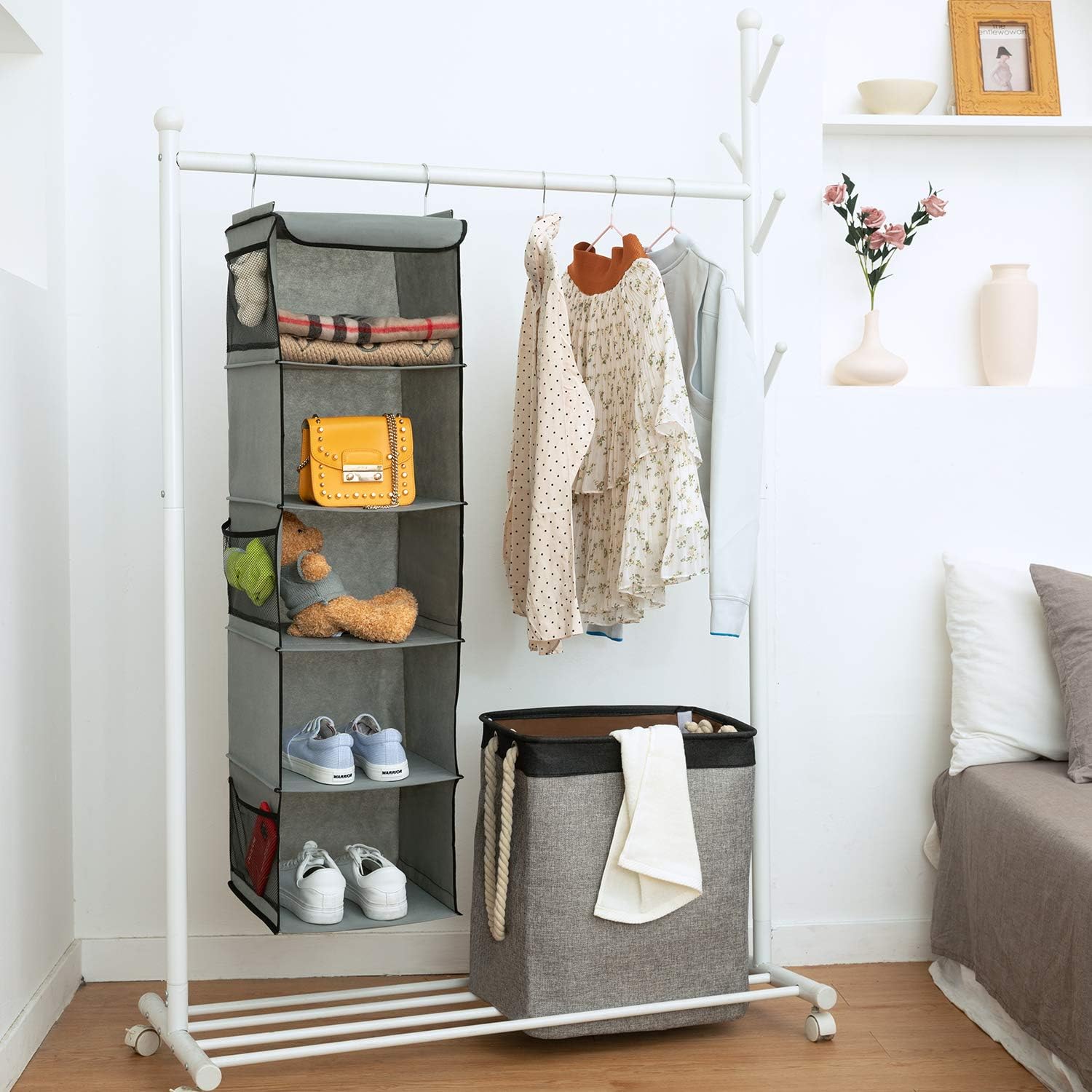 Hanging Storage with 5 Shelves Wardrobe Closet Organiser, Storage Shelves Unit with 6 Pockets for Clothes - Grey(30 X 30 X 108Cm)