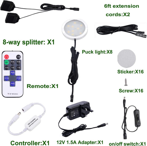 LED Under Cabinet Kitchen Lights 8 Pack Dimmable Remote 6000K Daylight