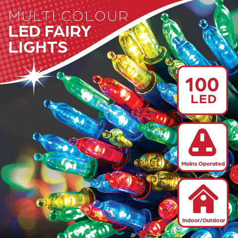100 Multicolour LED Christmas Tree Fairy Lights – 12.9m Decorative Static String Lights for Indoor & Outdoor Holiday Decoration