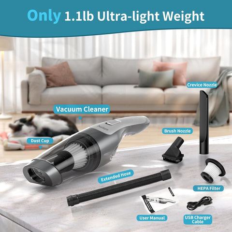 Cordless Car Vacuum Cleaner Grey – Powerful 9Kpa Suction, 20Min Runtime