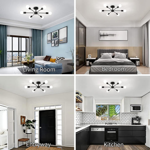 Ceiling light fixture in various rooms including living room, bedroom, entryway, and kitchen.