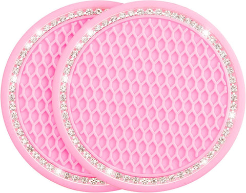 Car Cup Holder Coaster – 2.67 Inch Crystal Rhinestone Set (Pink)