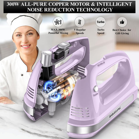 Hand Electric Mixer 300W – 5-Speed Handheld Blender with Turbo & 5 Stainless Steel Attachments for Baking – Purple