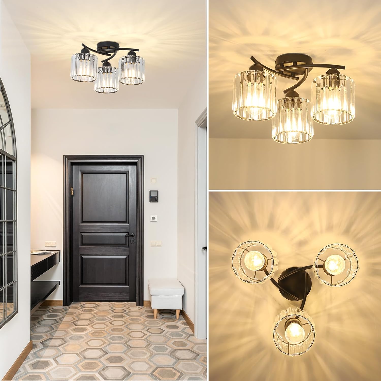Ceiling light fixture in a room with a door and wall sconce.