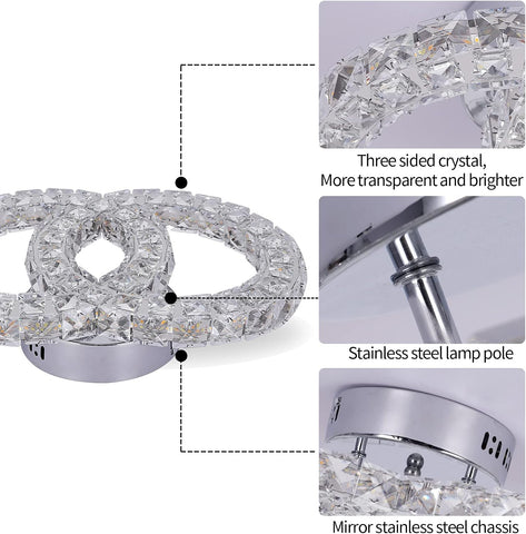 Crystal Chandelier Light Fixture LED Ceiling Lamp 2-Rings Flush Mount