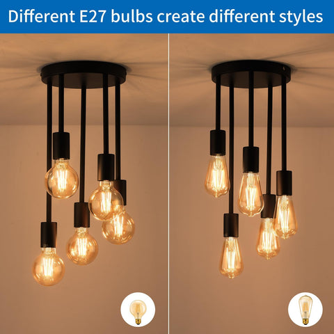 Chandelier with E27 bulbs on a beige background, showing different light effects.