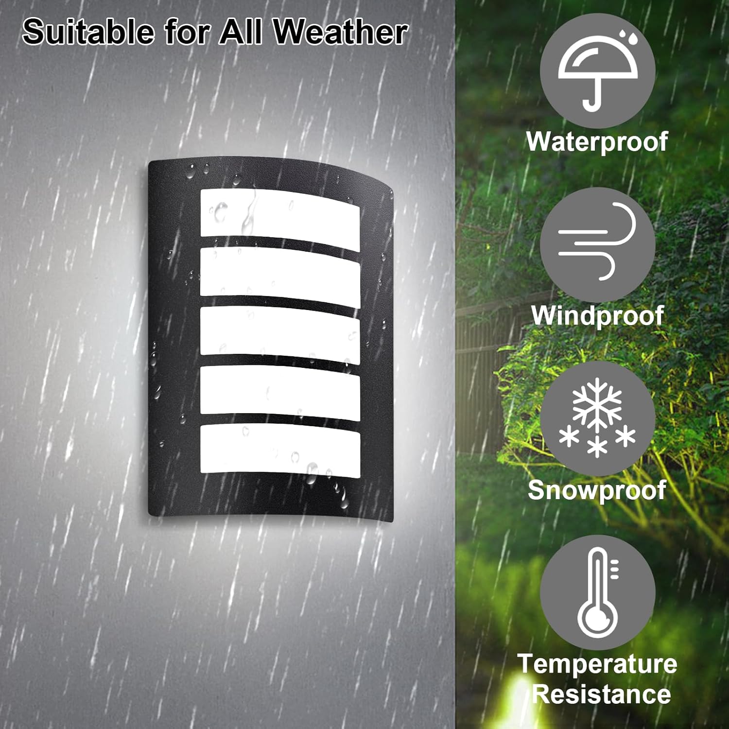 Outdoor wall light fixture with raindrop effects and weather resistance icons on a gray background.