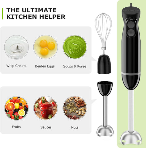 Hand Blender 3-in-1 Immersion Stick Blender | Electric Handheld with Stainless Steel Blade, Egg Whisk & 700ml Beaker - Black HB3202