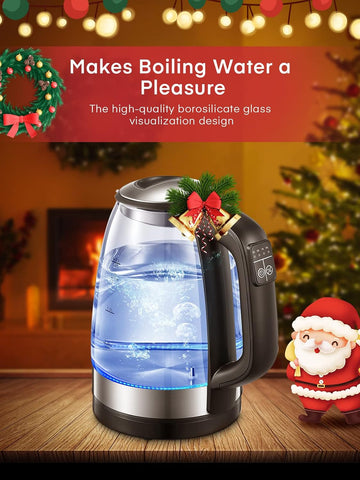 Electric Kettle 1.7L Glass, 2200W Fast Boil, 5-Color LED, Keep Warm, Auto Shut-Off, Temperature Control, Quiet Boiling –
