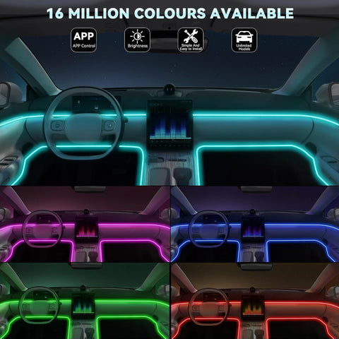 RGB Car Interior LED Strip Lights Kit with APP Control, 5-in-1 Fiber Optic Ambient Lighting, Music Sync, 16 Million Colours
